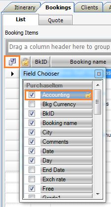 Accounting - Bookings - List - Feild Chooser