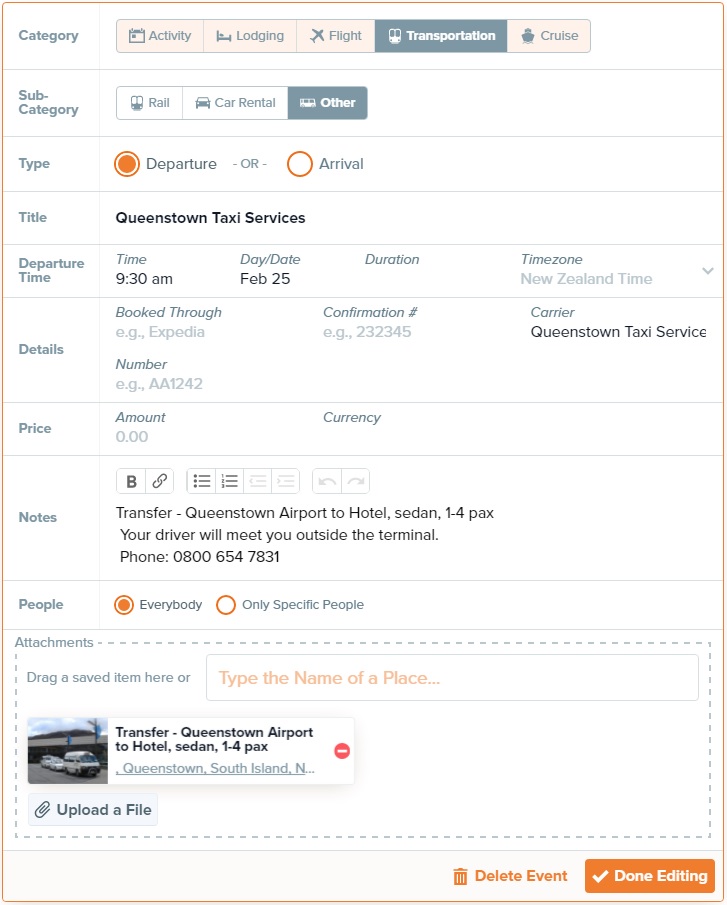 Edit a Booking Pop-up